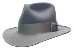 304 Fedora style smoke color hat with steel color ribbon hatband and custom concho