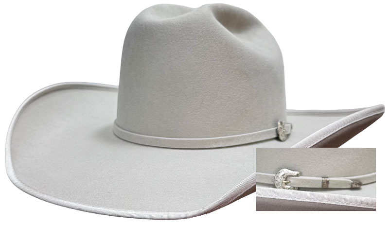 172 Cattleman style Silverbelly color hat with 3/4 pencil roll and selfband buckle set
