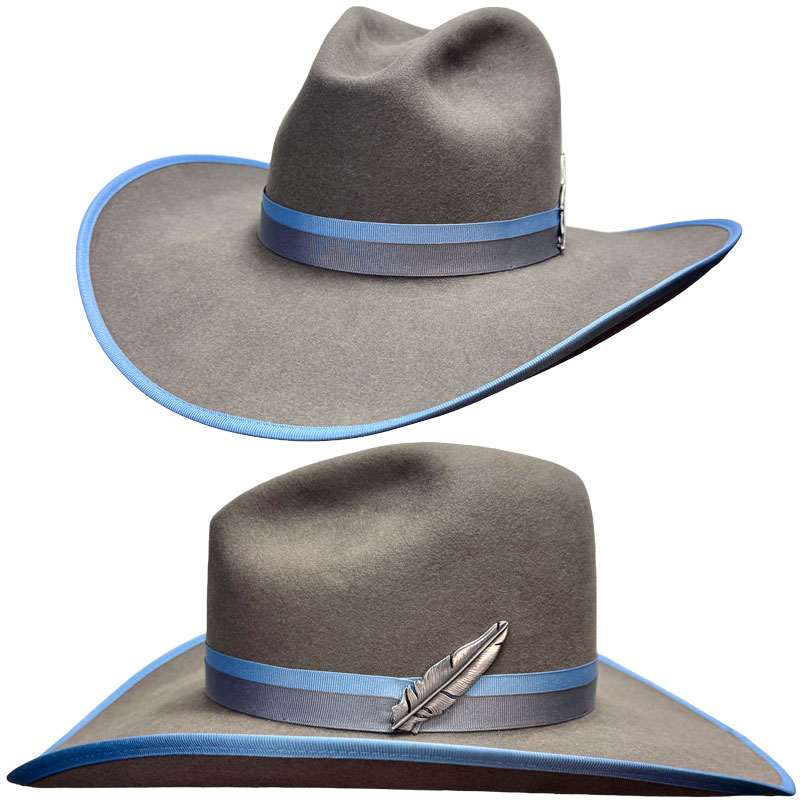 197 Quigley II Granite color hat with Denim and Pewter ribbon hatband with pewter feather