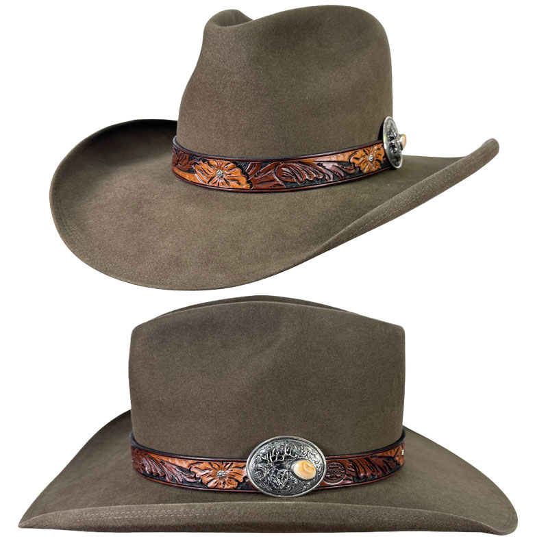 233 Low Safari Pecan color hat with 3 tone leather Sunberries hatband and oval with elk bezel set Ivory accent
