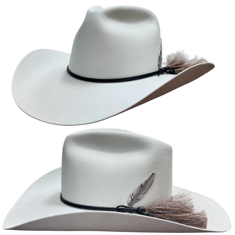 235 DIAMOND JIM Crystal Mist color hat with KH Western Loop Black with dark mix HH hatband and SK engraved silver feather