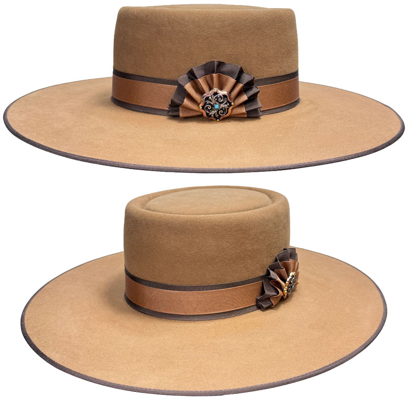 236 Camel color Telescope hat with Rosette hatband and Black/Copper two-tone w/turq nugget in center