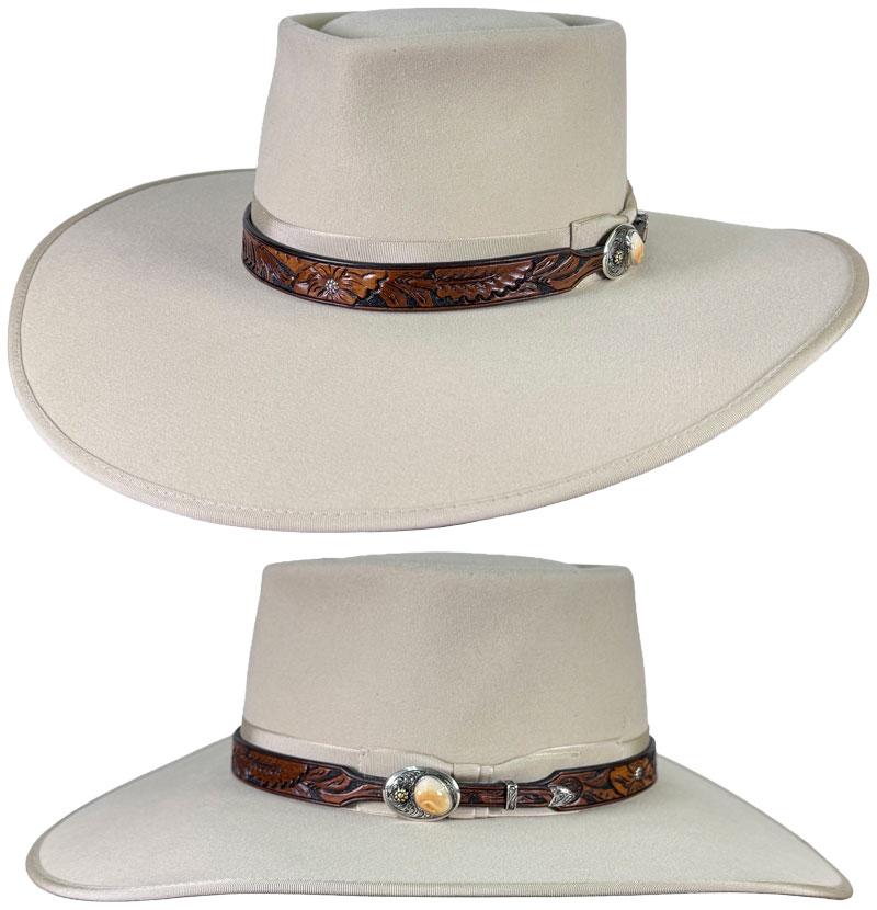 328 Pinched Telescope Bone color hat with leather 3-tone 1/4 sunberries hatband
