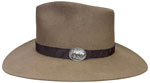 146.5 Drover Pecan color hat with Brown leather hatband with SK 1 1/2 oval SS rope edge with trout accent.
