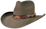 233 Low Safari Pecan color hat with 3 tone leather Sunberries hatband and oval with elk bezel set Ivory accent