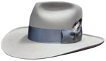 304 FEDORA silverbelly color hat with pearl ribbon, custom concho, and feathers