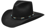 90 Bozeman Broker style black hat with black leather and Silver and Turquoise Conchos