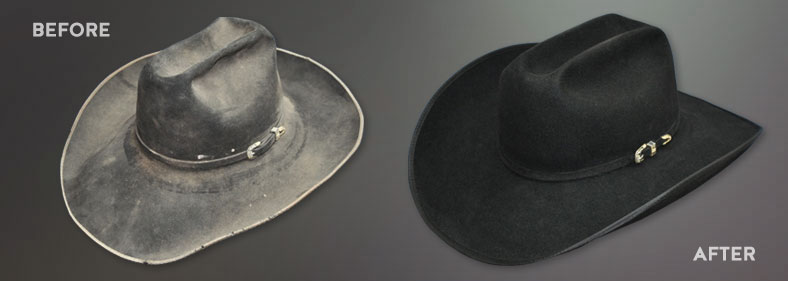 Before and after view of a cleaned hat.